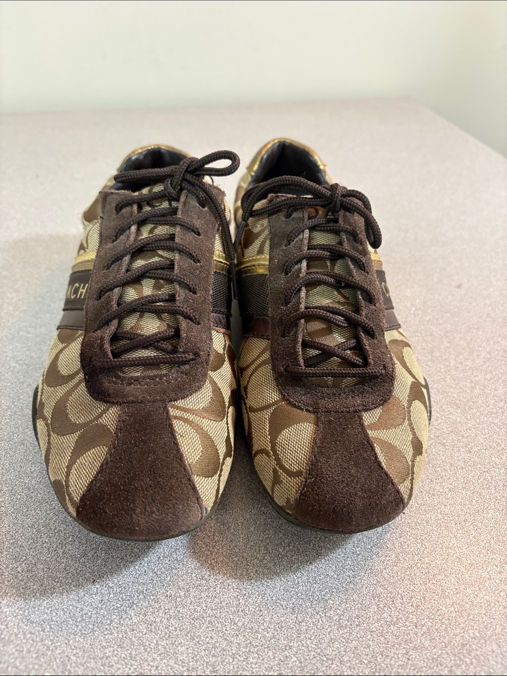 Coach Brown Monogram Logo Lace-Up Sneakers with Gold Trim - Picture 3 of 14